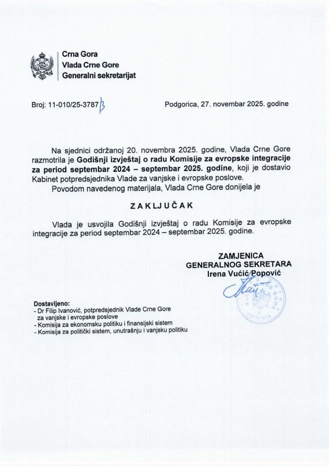 Godišnji izvještaj o radu Komisije za evropske integracije za period septembar 2024 - septembar 2025. godine - Zaključci