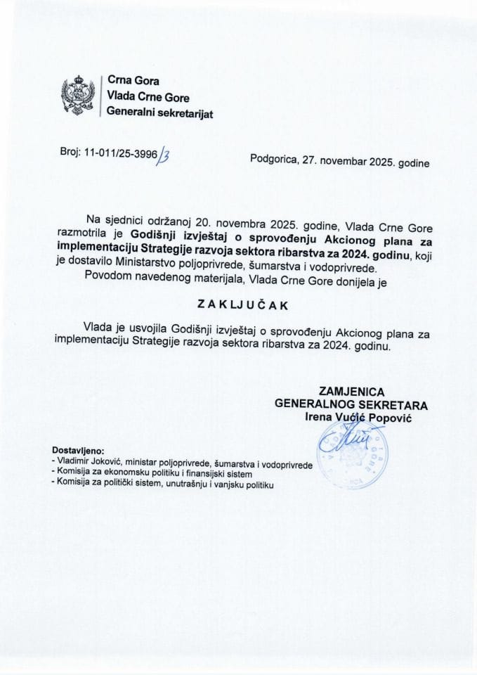 Годишњи извјештај о спровођењу Акционог плана за имплементацију Стратегије развоја сектора рибарства за 2024. годину - Закључци