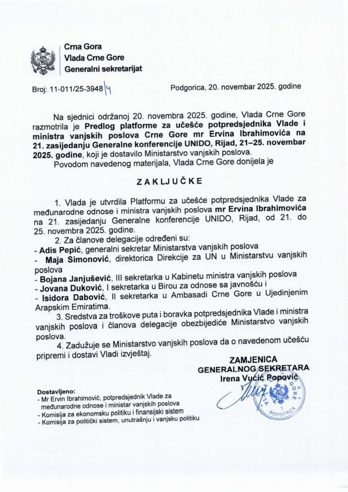 Предлог платформе за учешће потпредсједника Владе и министра вањских послова Црне Горе мр Ервина Ибрахимовића на 21. засиједању Генералне конференције UNIDO, Ријад, 21 – 25. новембар 2025. године - Закључци