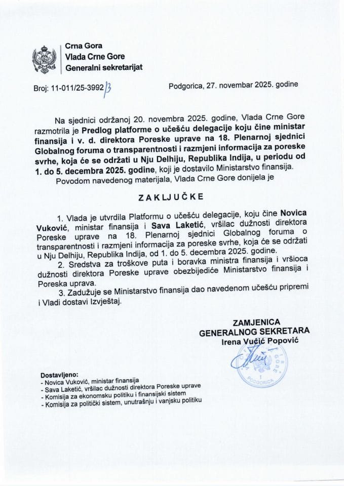 Предлог платформе о учешћу делегације коју чине министар финансија и в.д. директора Пореске управе на 18. пленарној сједници Глобалног форума о транспарентности и размјени информација за пореске сврхе - Закључци