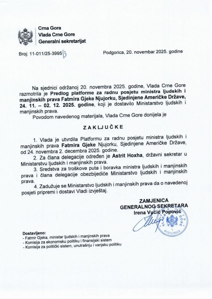 Predlog platforme za radnu posjetu ministra ljudskih i manjinskih prava Fatmira Gjeke Njujorku, Sjedinjene Američke Države, u periodu 24.11-02.12.2025. godine