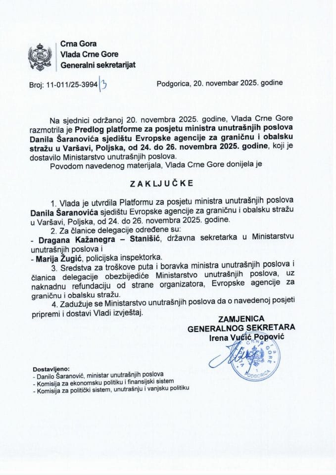 Predlog platforme za posjetu ministra unutrašnjih poslova Danila Šaranovića sjedištu Evropske agencije za graničnu i obalsku stražu u Varšavi, Poljska, od 24. do 26. novembra 2025. godine - Zaključci