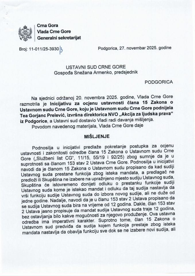 Предлог мишљења на Иницијативу за покретање поступка за оцјену уставности одредбе члана 15 Закона о Уставном суду Црне Горе („Службени лист ЦГ“, 11/15, 55/19 и 92/25), коју је поднијела Теа Горјанц Прелевић - Закључци