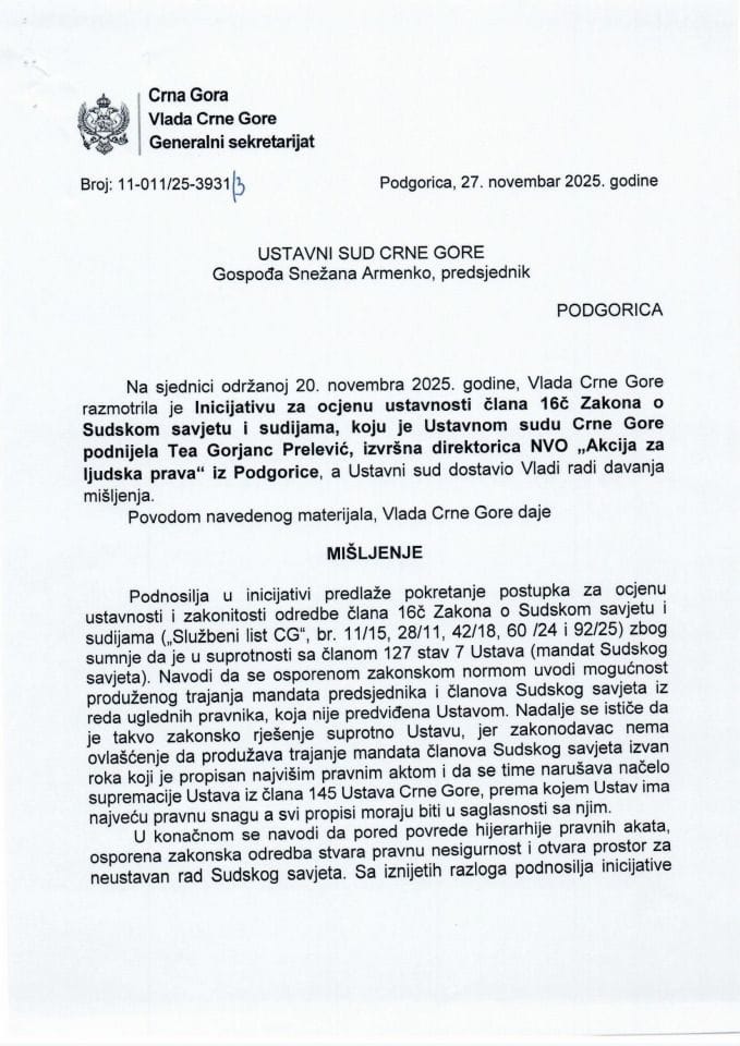 Predlog mišljenja na Inicijativu za pokretanje postupka za ocjenu ustavnosti odredbe člana 16č Zakona o Sudskom savjetu i sudijama („Službeni list CG“, br. 11/15, 28/11, 42/18, 60 /24 i 92/25), koju je podnijela Tea Gorjanc Prelević - Zaključci