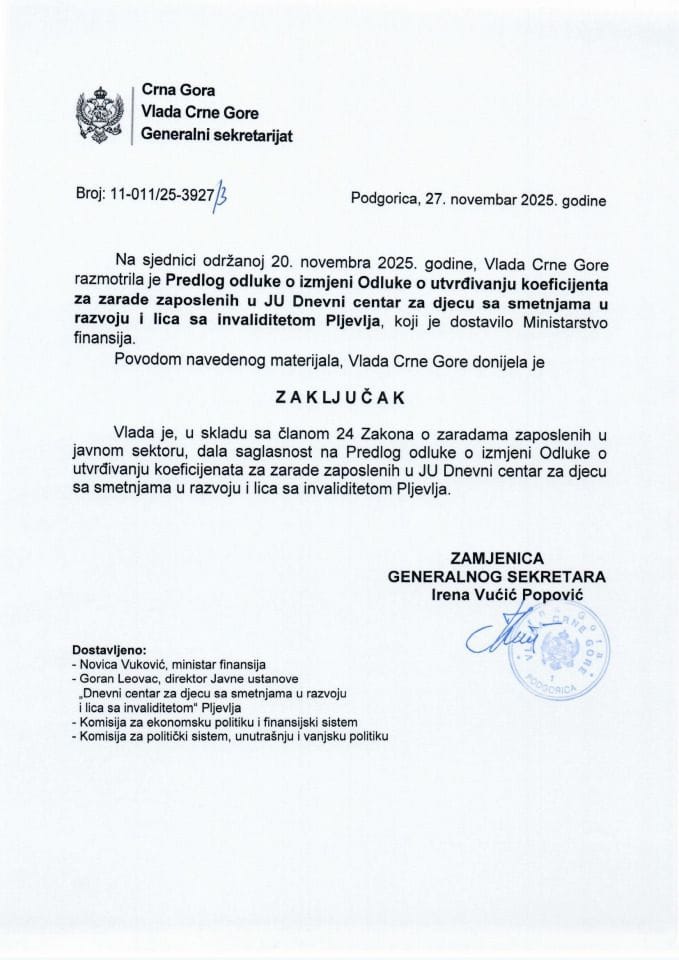 Predlog odluke o izmjeni Odluke o utvrđivanju koeficijenata za zarade zaposlenih u JU Dnevni centar za djecu sa smetnjama u razvoju i lica sa invaliditetom Pljevlja - Zaključci