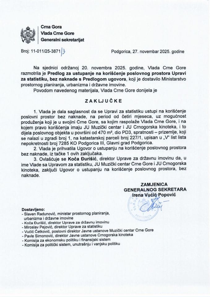 Предлог за уступање на коришћење пословног простора Управи за статистику, без накнаде с Предлогом уговора - Закључци