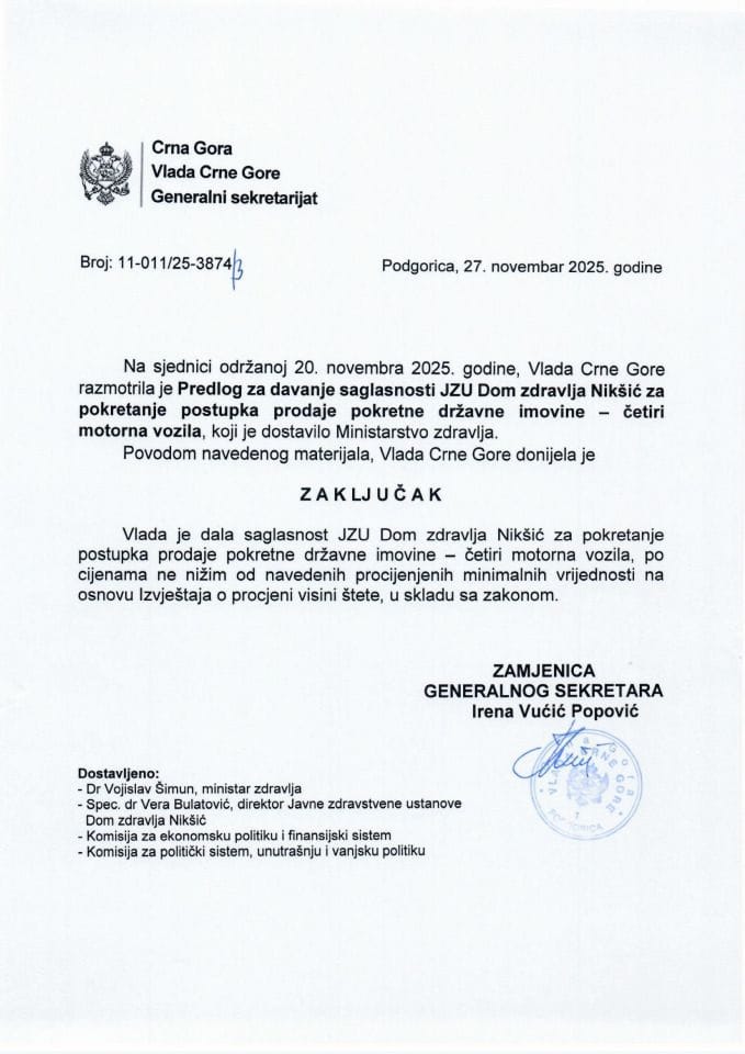 Предлог за давање сагласности ЈЗУ Дом здравља Никшић за покретање поступка продаје покретне државне имовине - четири моторна возила - Закључци