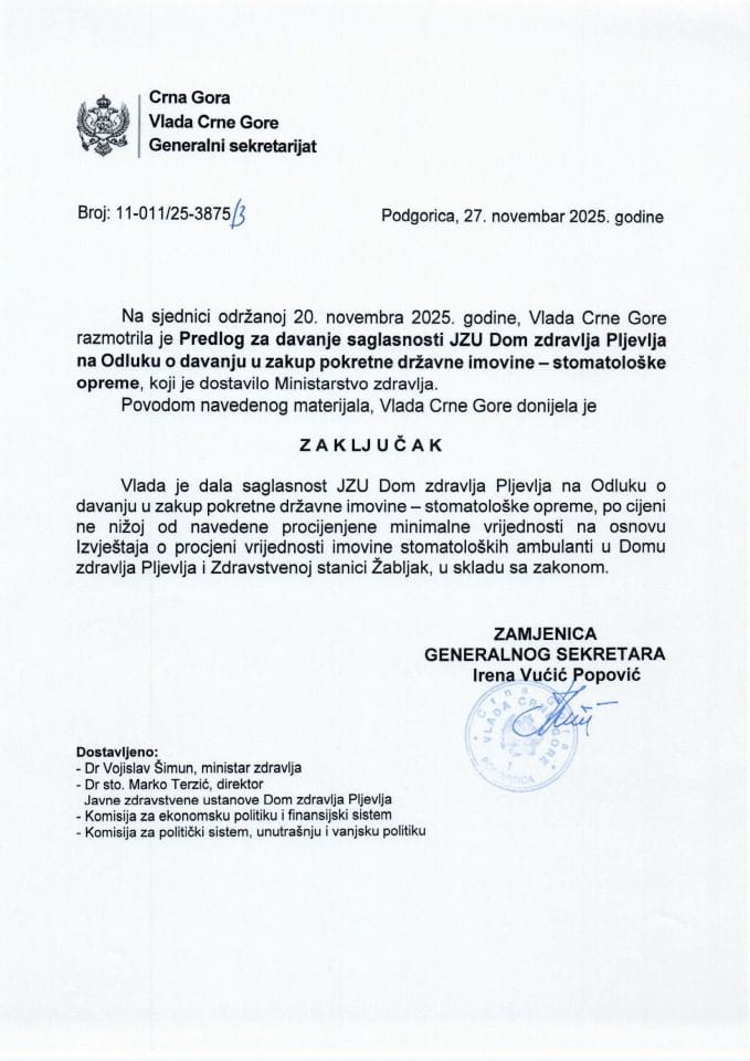Предлог за давање сагласности ЈЗУ Дом здравља Пљевља на Одлуку о давању у закуп покретне државне имовине - стоматолошке опреме - Закључци