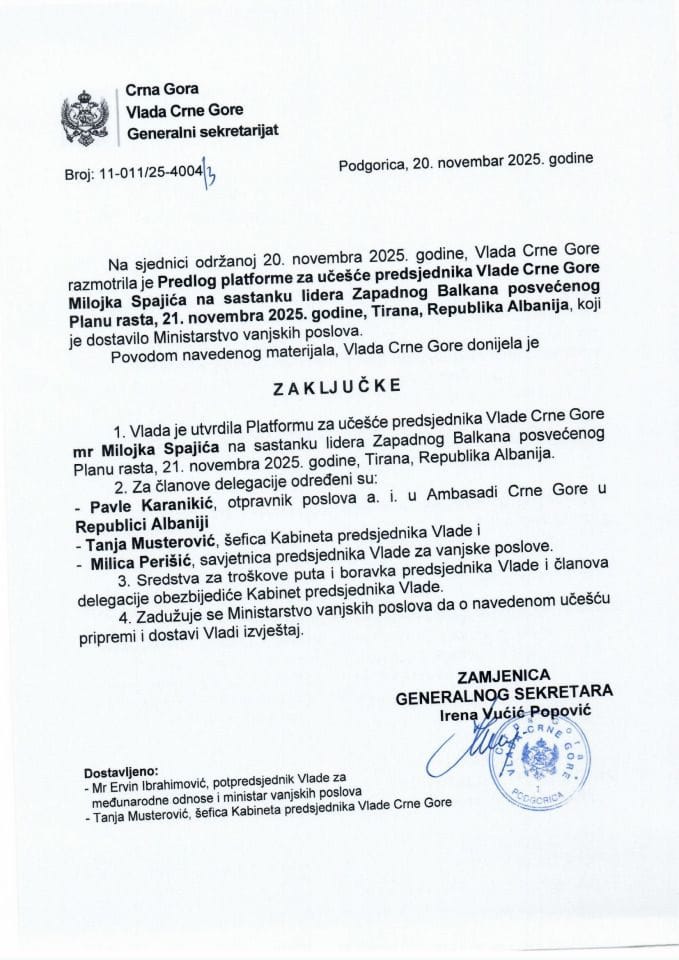 Predlog platforme za učešće predsjednika Vlade Crne Gore Milojka Spajića na sastanku lidera Zapadnog Balkana posvećenog Planu rasta, 21. novembra 2025. godine, Tirana, Republika Albanija - Zaključci
