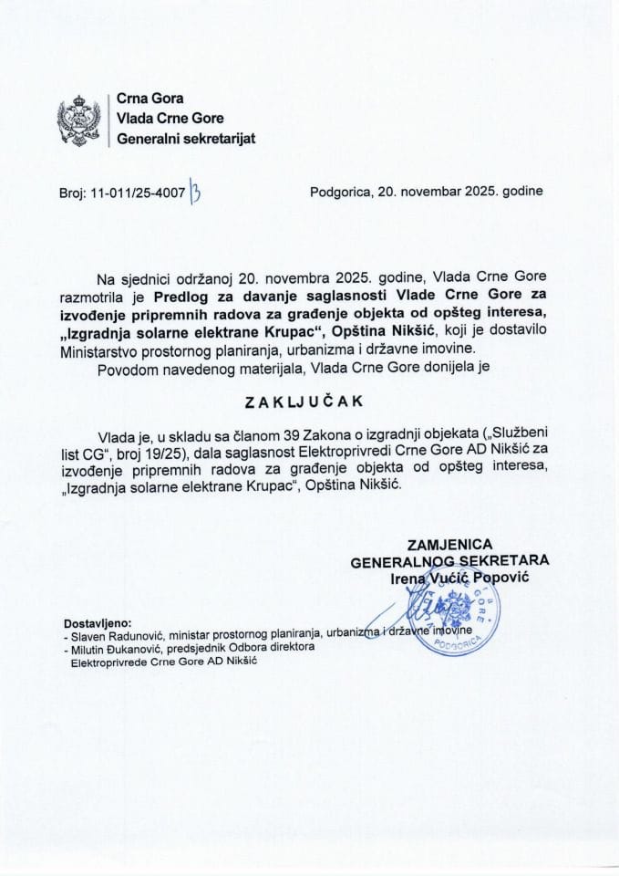 Predlog za davanje saglasnosti Vlade Crne Gore za izvođenje pripremnih radova za građenje objekta od opšteg interesa, “Izgradnja solarne elektrane Krupac“, Opština Nikšić - Zaključci