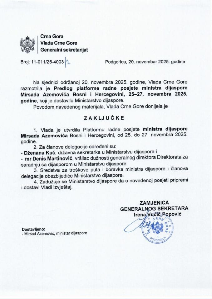 Predlog platforme radne posjete ministra dijaspore Mirsada Azemovića Bosni i Hercegovini, 25-27. novembra 2025. godine - Zaključci
