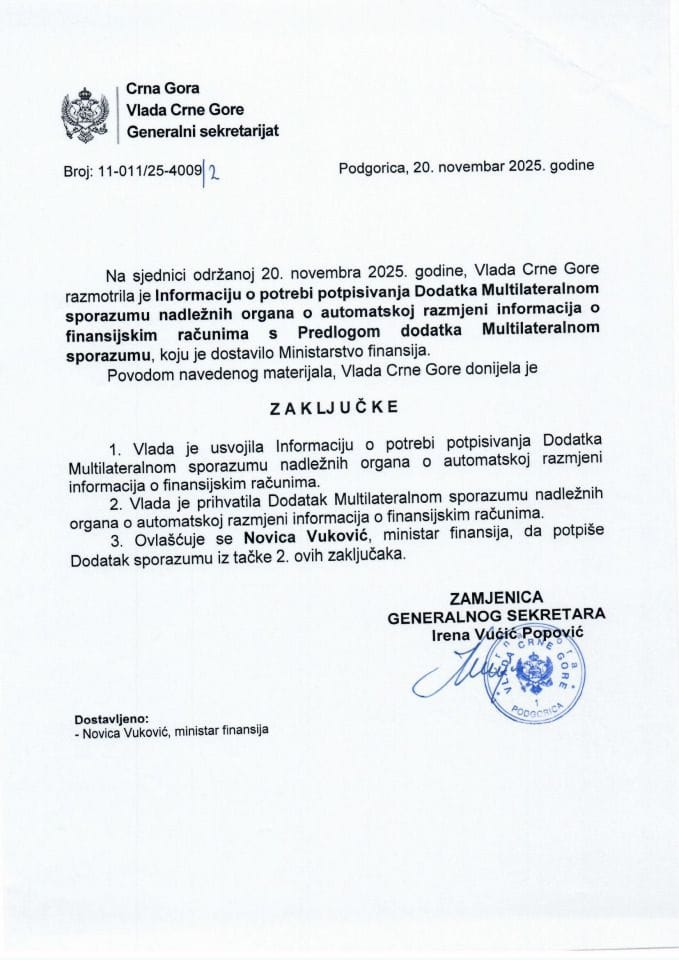 Informacija o potrebi potpisivanja Dodatka Multilateralnom sporazumu nadležnih organa o automatskoj razmjeni informacija o finansijskim računima s Predlogom dodatka Multilateralnom sporazumu - Zaključci