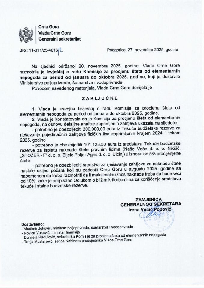 Izvještaj o radu Komisije za procjenu šteta od elementarnih nepogoda za period od januara do oktobra 2025. godine - Zaključci