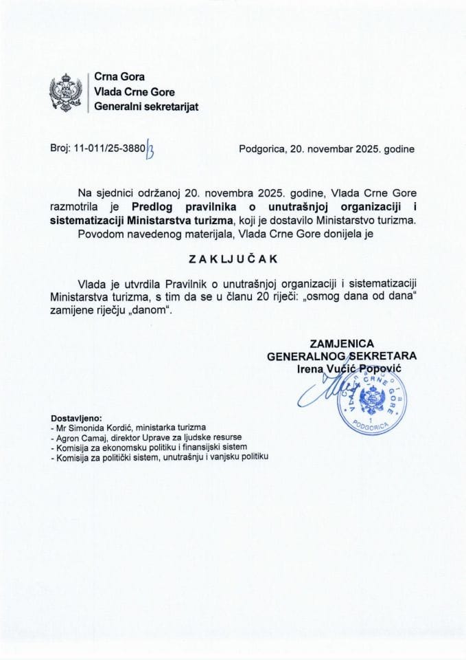 Предлог правилника о унутрашњој организацији и систематизацији Министарства туризма - Закључци