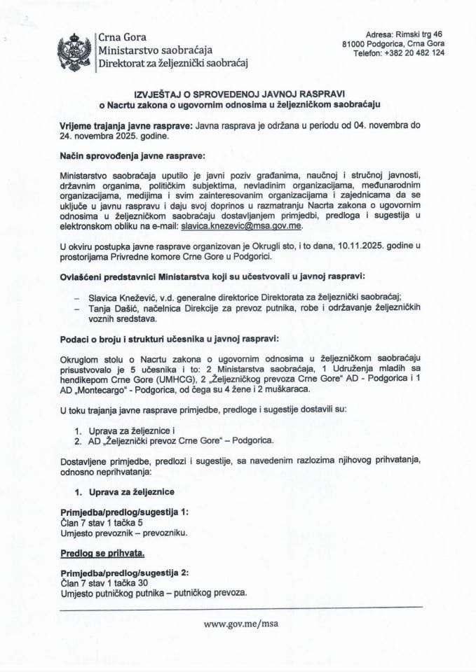 Izvještaj o sprovedenoj javnoj raspravi o Nacrtu zakona o ugovornim odnosima u željezničkom saobraćaju