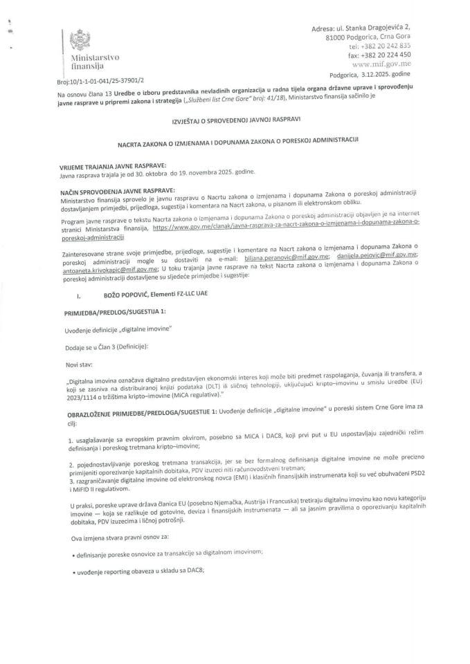 Izvještaj o sprovedenoj javnoj raspravi Nacrta zakona o izmjenama i dopunama Zakona o poreskoj administraciji