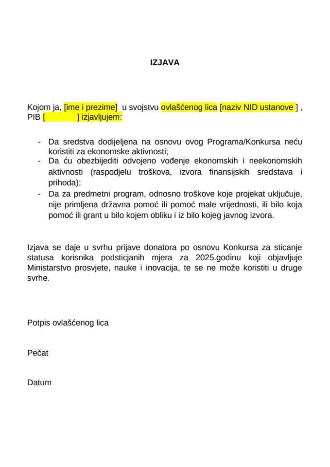 ИЗЈАВА НИД установе о неекономским активностима