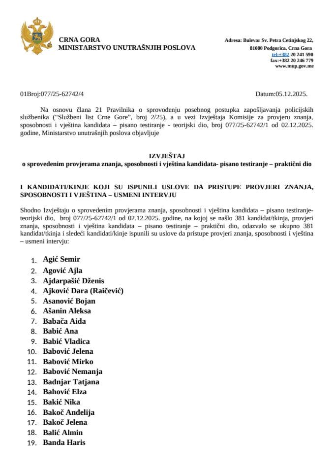 Izvještaj o sprovedenim provjerama znanja, sposobnosti i vještina kandidata- pisano testiranje – praktični dio