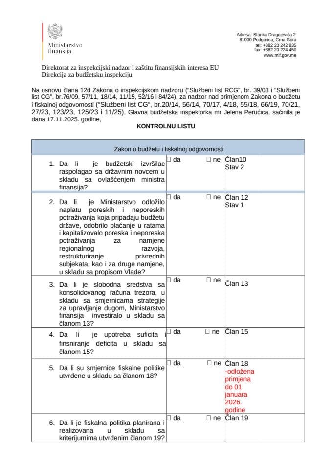 Kontrolna lista - Zakon o budžetu i fiskalnoj odgovornosti