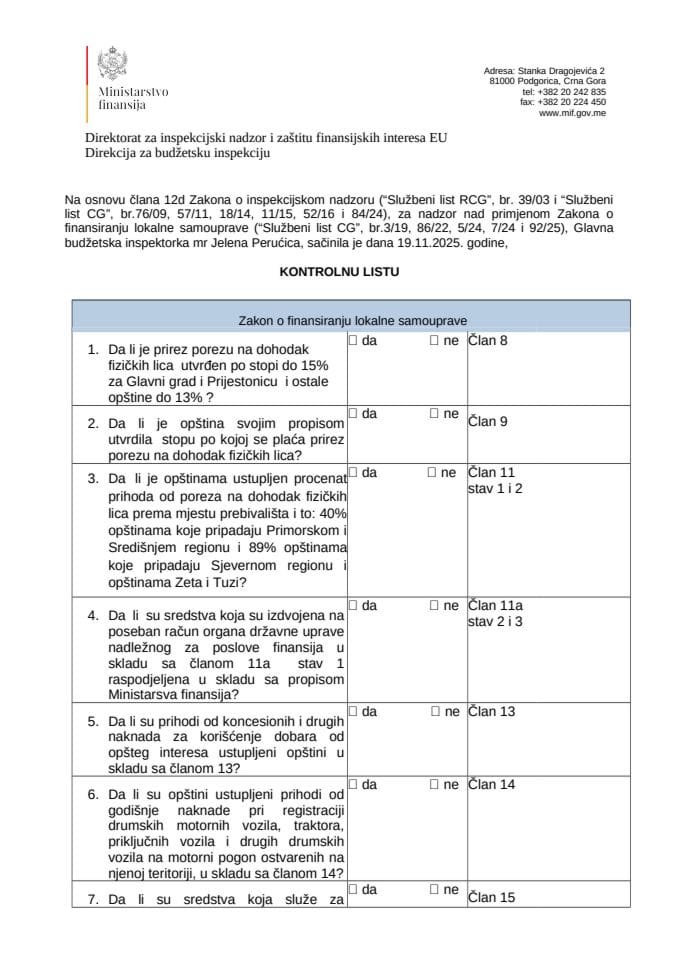 Kontrolna lista - Zakon o finansiranju lokalne samouprave