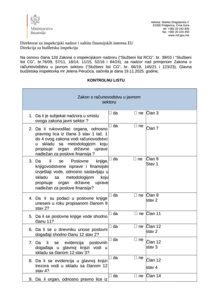 Kontrolna lista - Zakon o računovodstvu u javnom sektoru