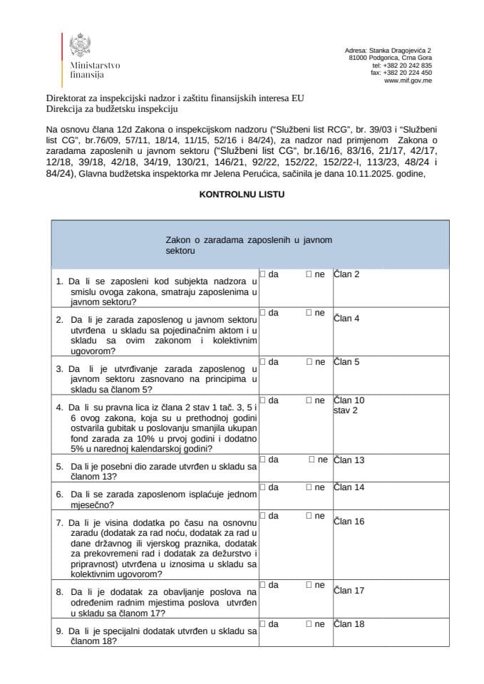 Kontrolna lista - Zakon o zaradama zaposlenih u javnom sektoru