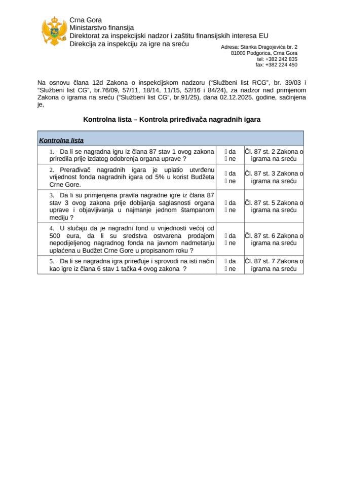 Kontrolna lista - nagradne igre