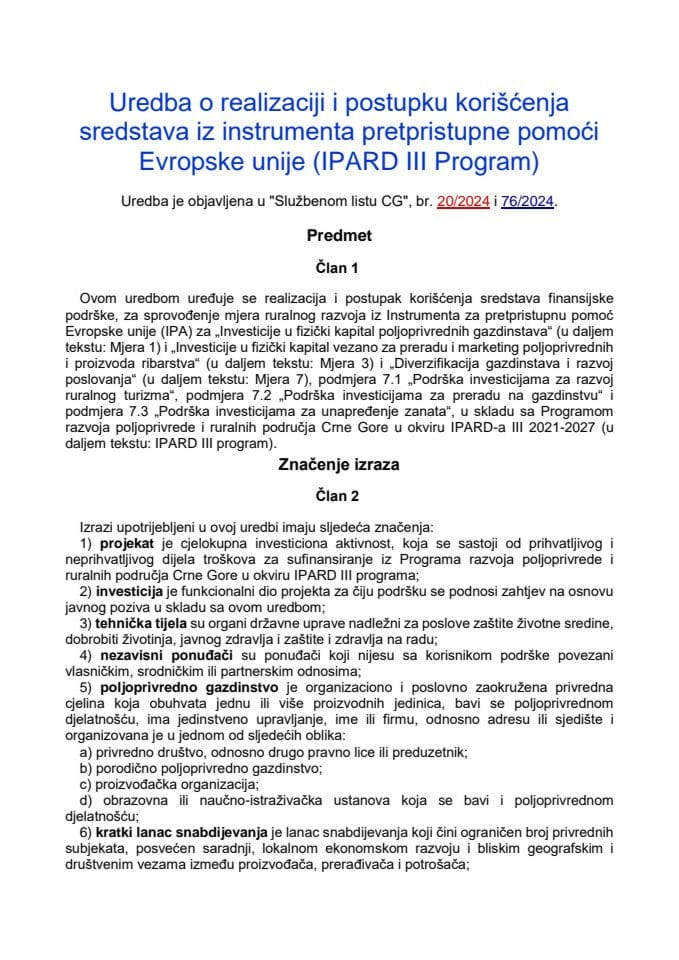 Uredba o realizaciji i postupku koriscenja za IPARD III
