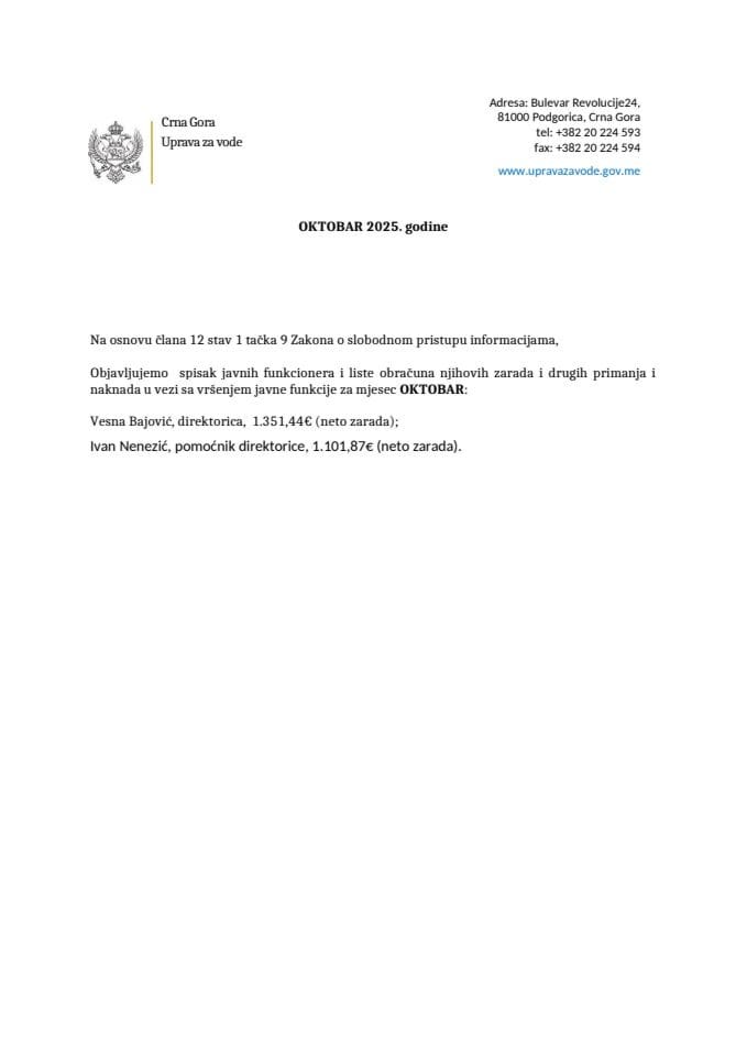 Списак јавних функционера и листе обрачуна њихових зарада и других примања и накнада у вези са вршењем јавне функције ОКТОБАР-2025