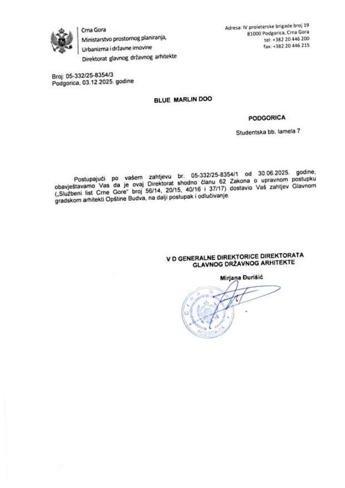 Obavještenja - Program privremenih objekata - 03.12.2025 Obavještenje -BLUE MARLIN DOO, Podgorica   -Opština Budva