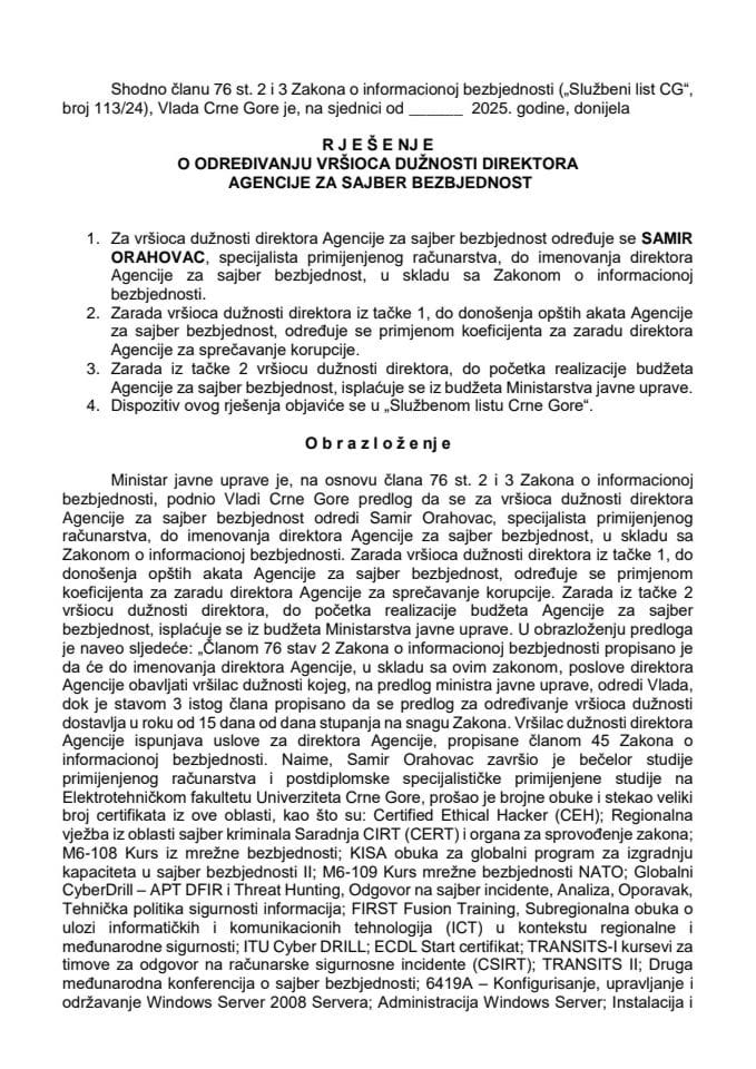Predlog za određivanje vršioca dužnosti direktora Agencije za sajber bezbjednost