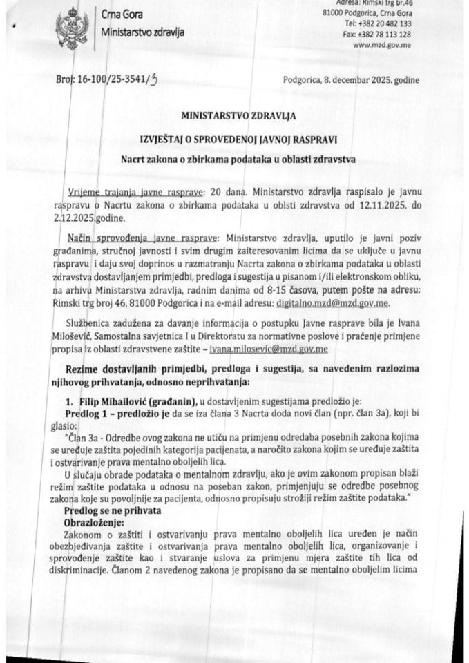 IZVJEŠTAJ O SPROVEDENOJ JAVNOJ RASPRAVI - Nacrt zakona o zbirkama podataka u oblasti zdravstva