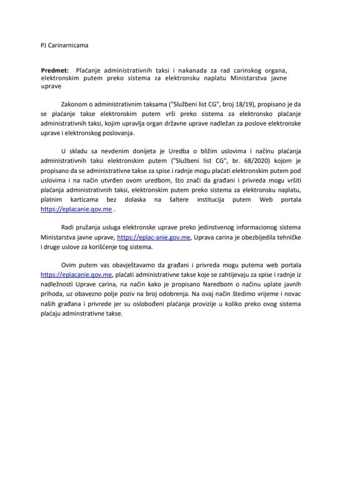 Uputsvo za plaćanje administrativnih taksi i naknada za rad carinskog organa preko sistema za elektronsku naplatu Ministarstva javne uprave