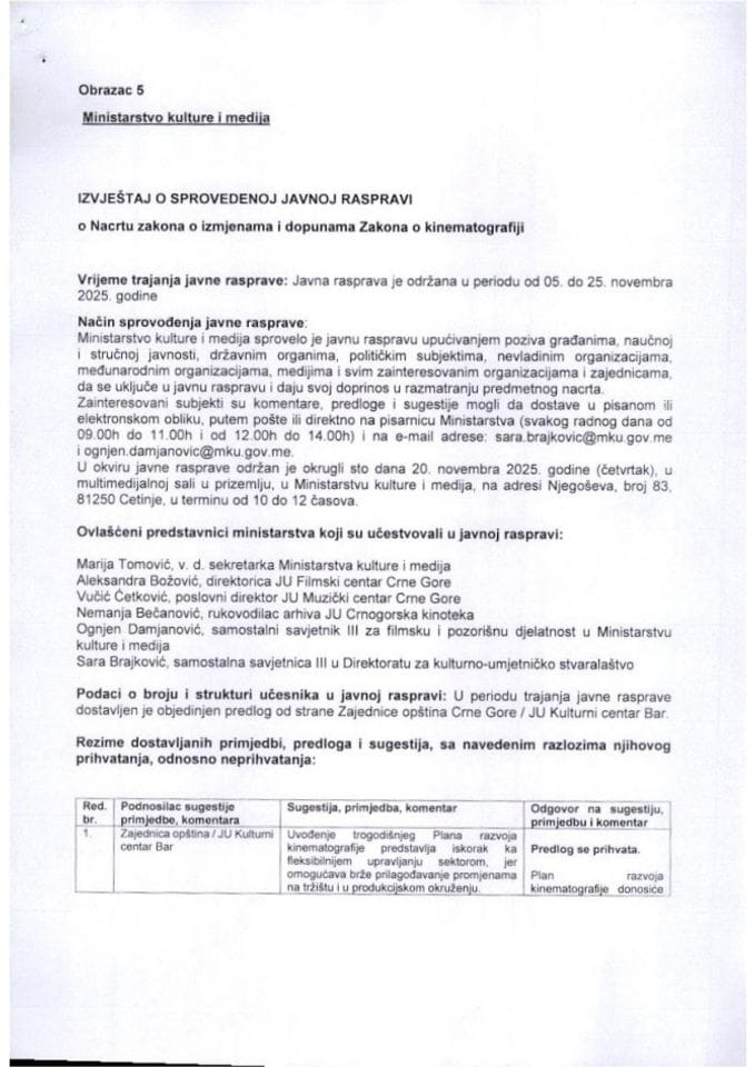 Izvjestaj sa javne rasprave - Zakon o kinematografiji