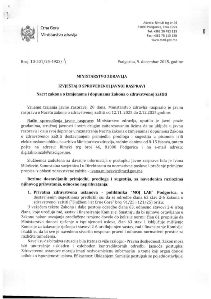 IZVJEŠTAJ O SPROVEDENOJ JAVNOJ RASPRAVI - Nacrt zakona o izmjenama i dopunama Zakona o zdravstvenoj zaštiti