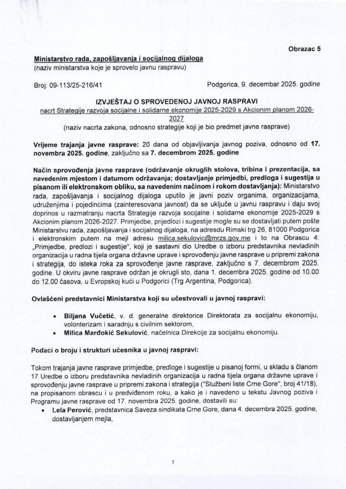 6_Izvještaj o sprovedenoj javnoj raspravi o Nacrtu Strategije razvoja SSE (Obrazac 5) - 9. decembar 2025 - (09-113-25-216-41)