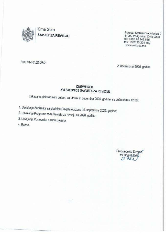 Dnevni red - XVI sjednica