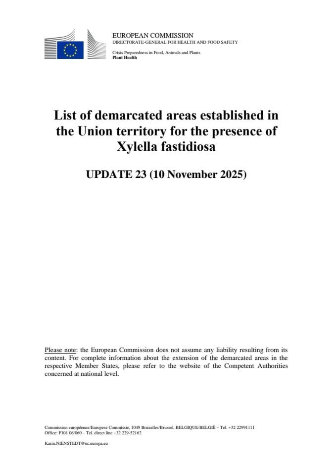 Novembar 2025 - Lista obilježenih područja Xylella fastidiosa u EU