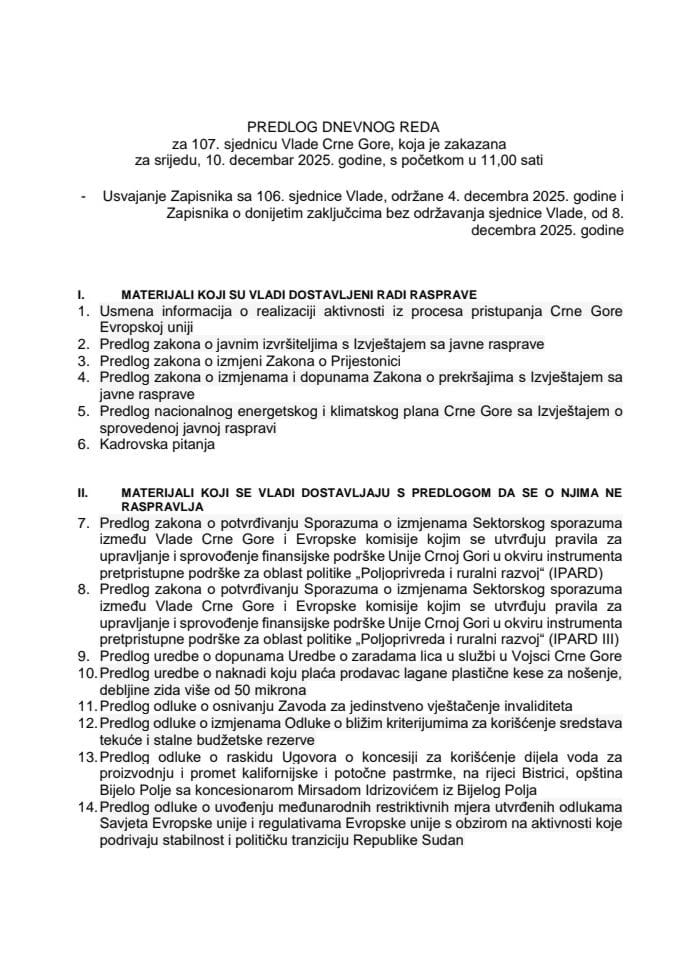 Predlog dnevnog reda za 107. sjednicu Vlade Crne Gore