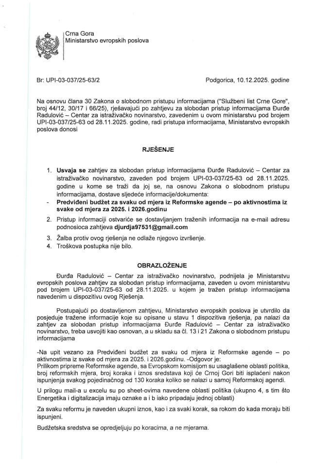 Захтјев за слободан приступ информацијама бр. УПИ-03-03725-63-2 по захтјеву Ђурђе Радуловић - ЦИН Рјешење од 10.12.2025