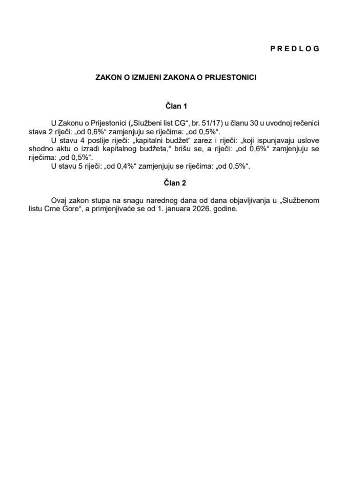 Предлог закона о измјени Закона о Пријестоници