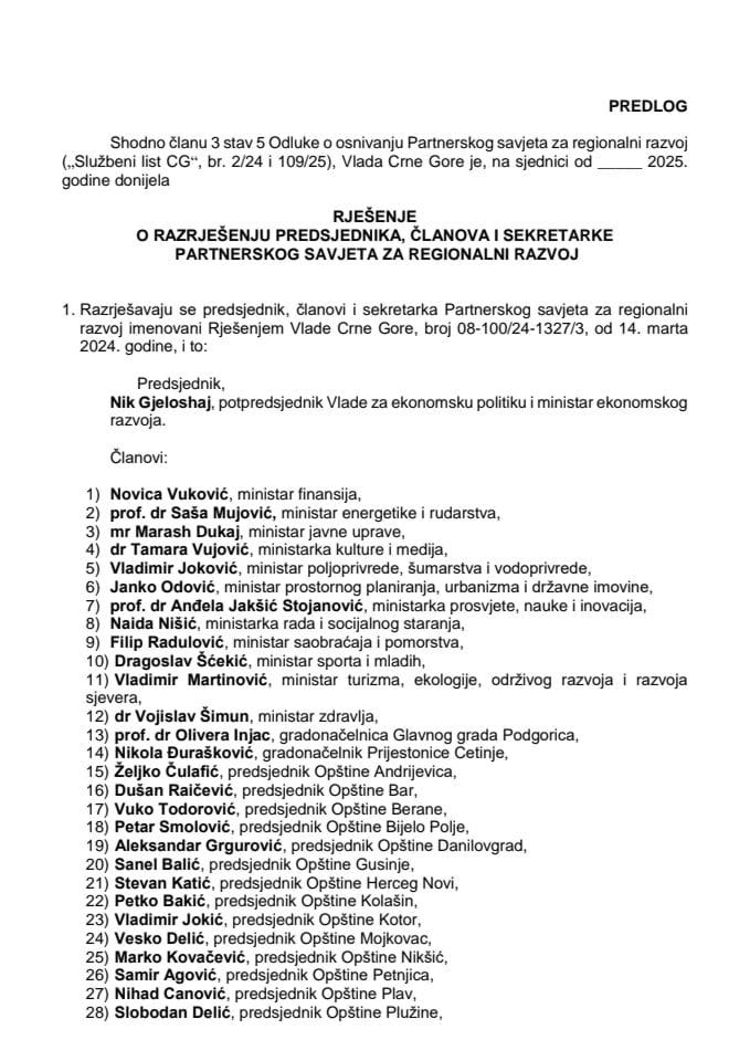 Predlog za razrješenje predsjednika, članova i sekretarke Partnerskog savjeta za regionalni razvoj