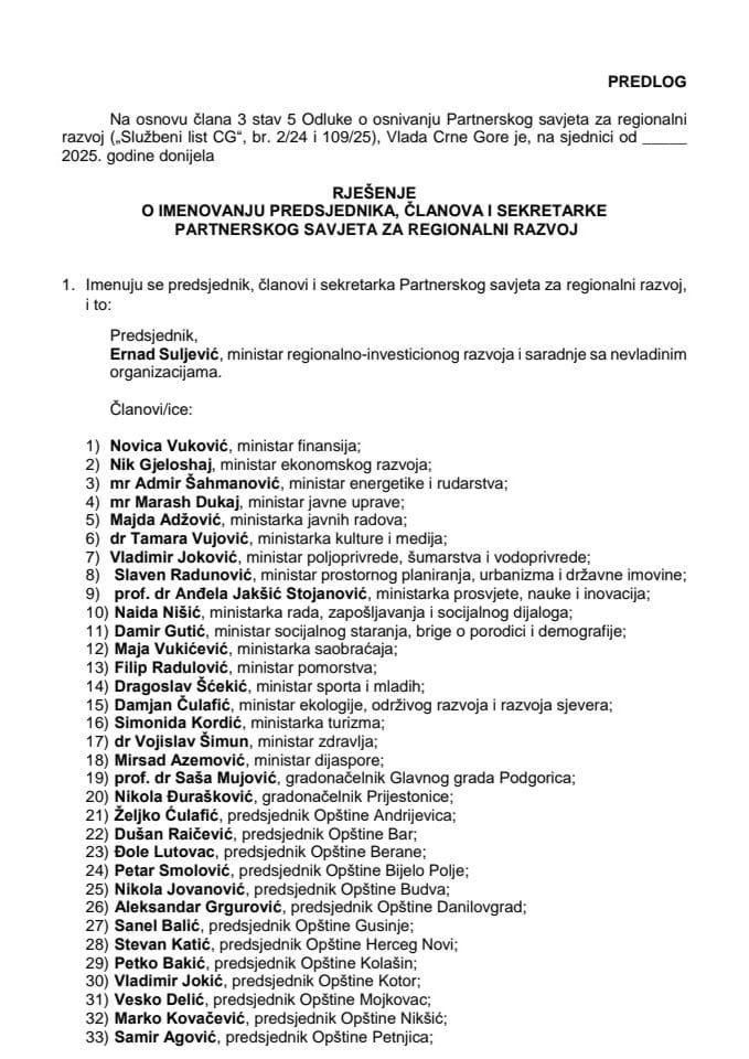 Predlog za imenovanje predsjednika, članova i sekretarke Partnerskog savjeta za regionalni razvoj