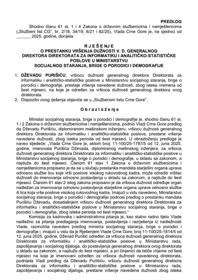 Predlog za prestanak vršenja dužnosti v. d. generalnog direktora Direktorata za informatiku i analitičko-statističke poslove u Ministarstvu socijalnog staranja, brige o porodici i demografije