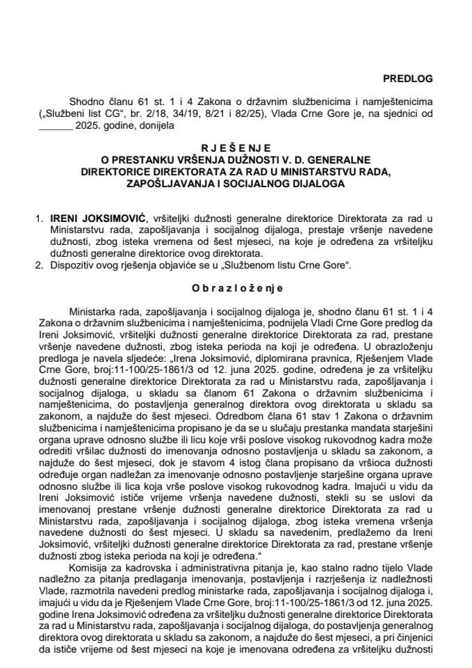 Predlog za prestanak vršenja dužnosti v. d. generalne direktorice Direktorata za rad u Ministarstvu rada, zapošljavanja i socijalnog dijaloga