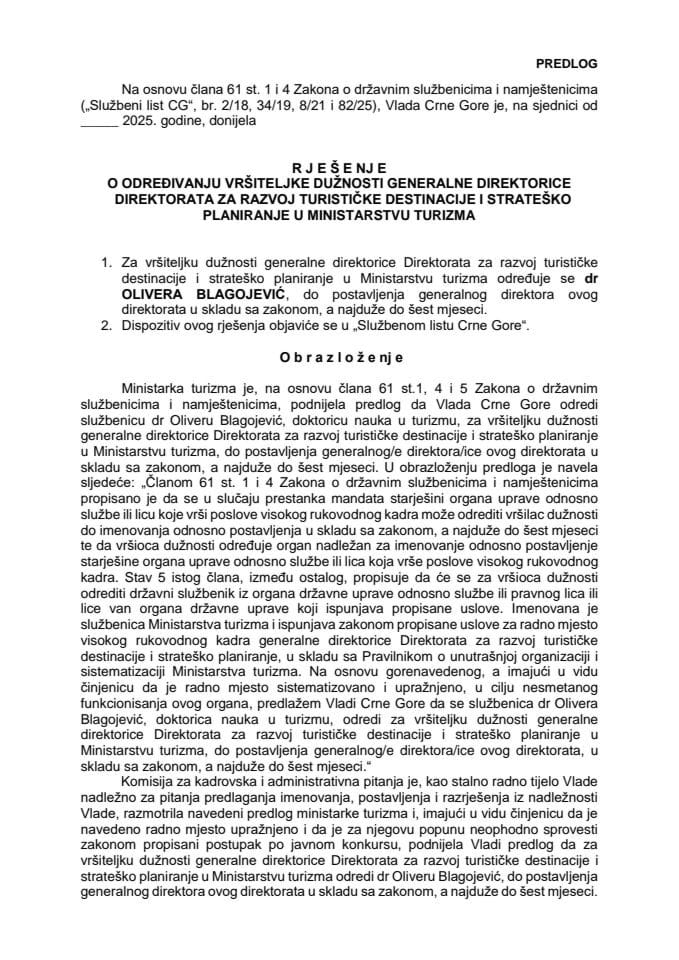 Predlog za određivanje vršiteljke dužnosti generalne direktorice Direktorata za razvoj turističke destinacije i strateško planiranje u Ministarstvu turizma