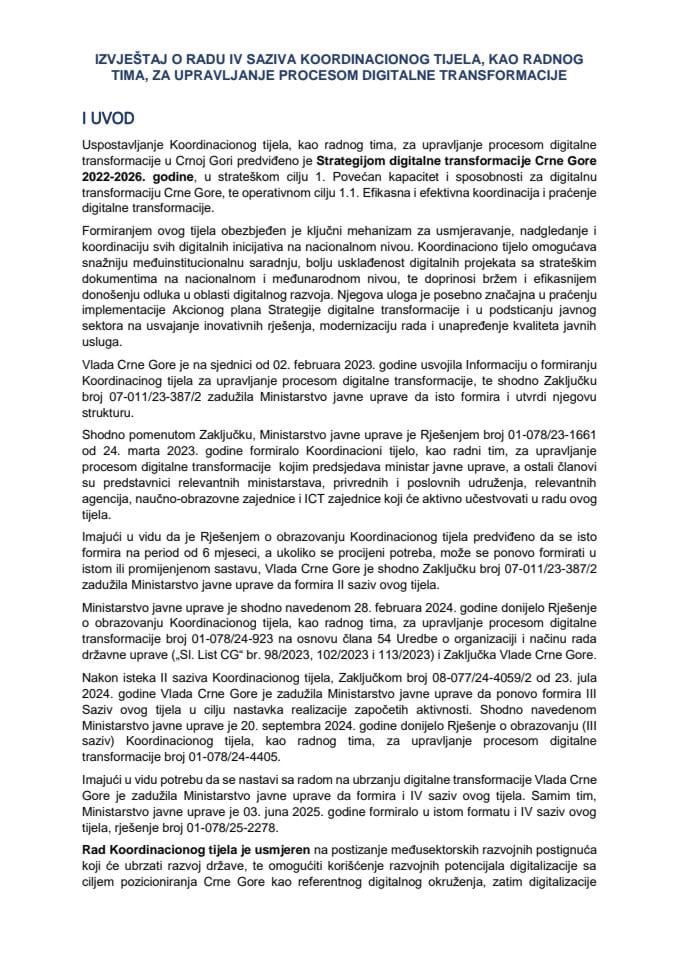 Извјештај о раду IV сазива Координационог тијела, као радног тима, за управљање процесом дигиталне трансформације