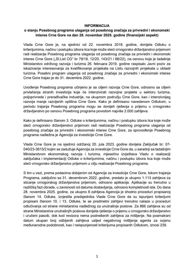 Informacija o stanju Posebnog programa ulaganja od posebnog značaja za privredni i ekonomski interes Crne Gore na dan 28. novembar 2025. godine (finansijski aspekt)