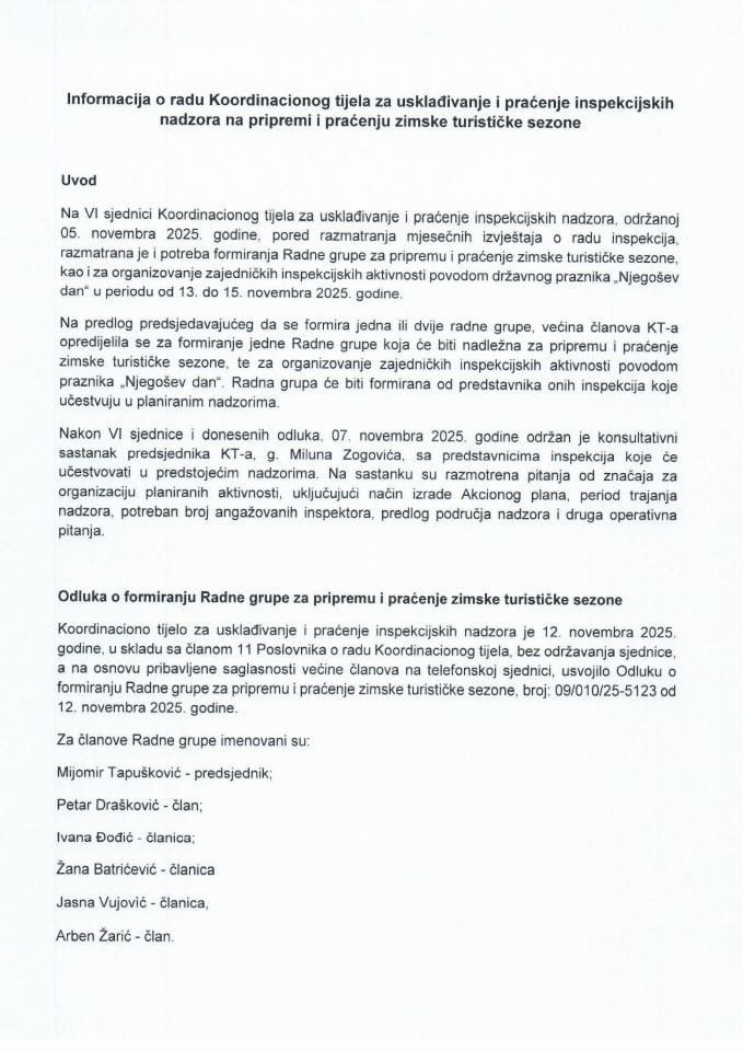 Информација о раду Координационог тијела за усклађивање и праћење инспекцијских надзора на припреми и праћењу зимске туристичке сезоне