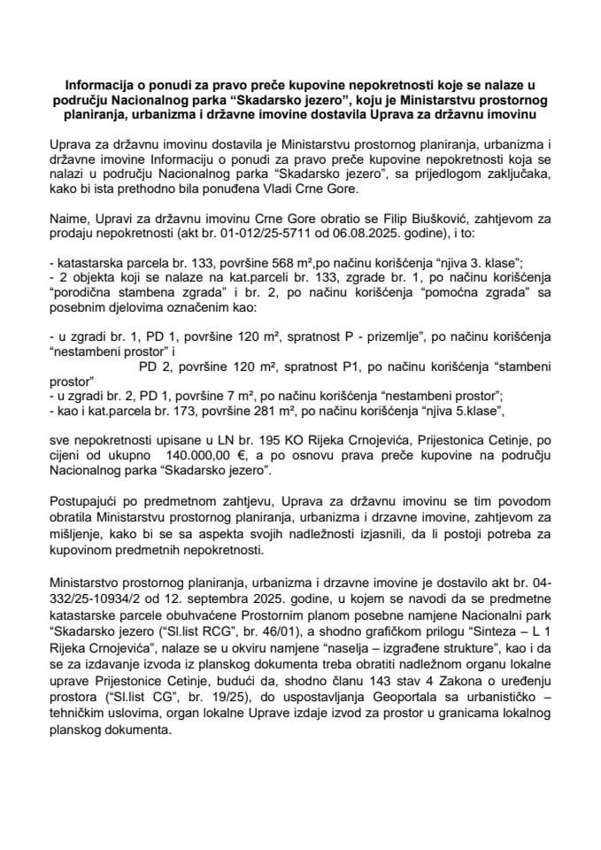 Информација о понуди за право прече куповине непокретности које се налазе у подручју Националног парка „Скадарско језеро“ (подносилац захтјева Филип Бушковић)